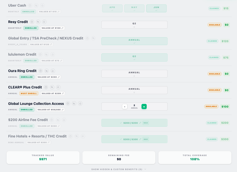 Justify Cards benefit tracking interface